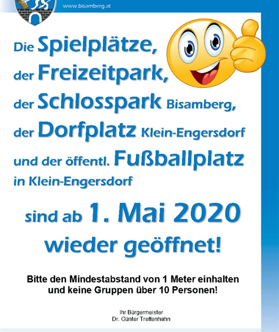 Spielplätze, Freizeitpark, Schlosspark, Dorfplatz, öffentl. Fußballplatz: ab 1. Mai wieder offen!