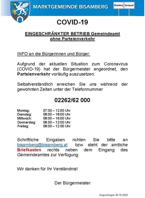 COVID-19 Eingeschränkter Betrieb am Gemeindeamt ohne Parteienverkehr