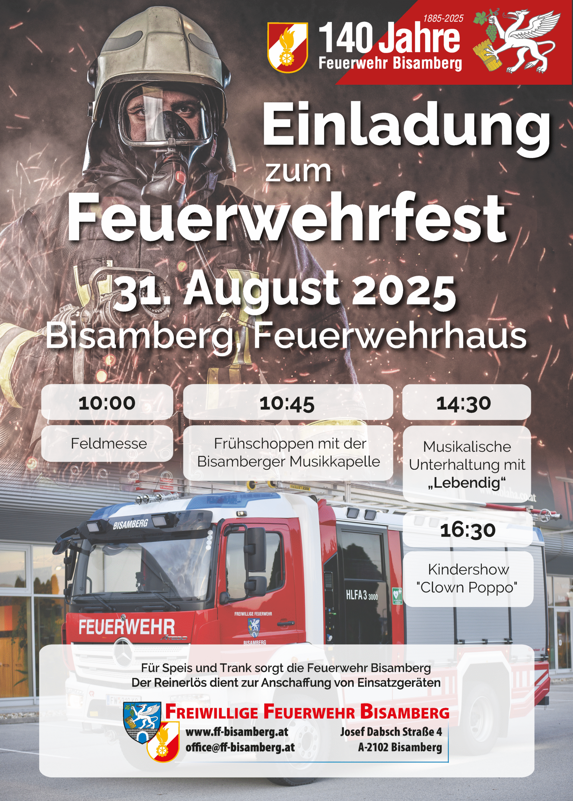Veranstaltungsplakat der FF Bisamberg Einladun zum Feuerwehrfest am 31. August 2025
