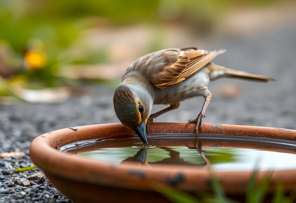 Spatz trinkt aus einer Vogeltränke